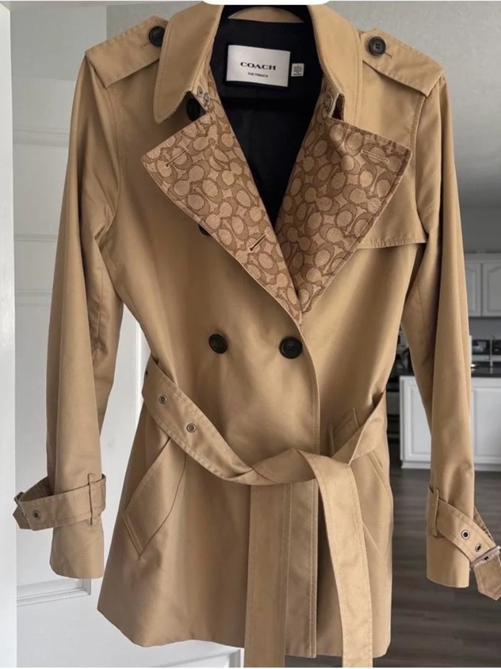 Coach Tan Double-Breasted Trench Coat with Belt